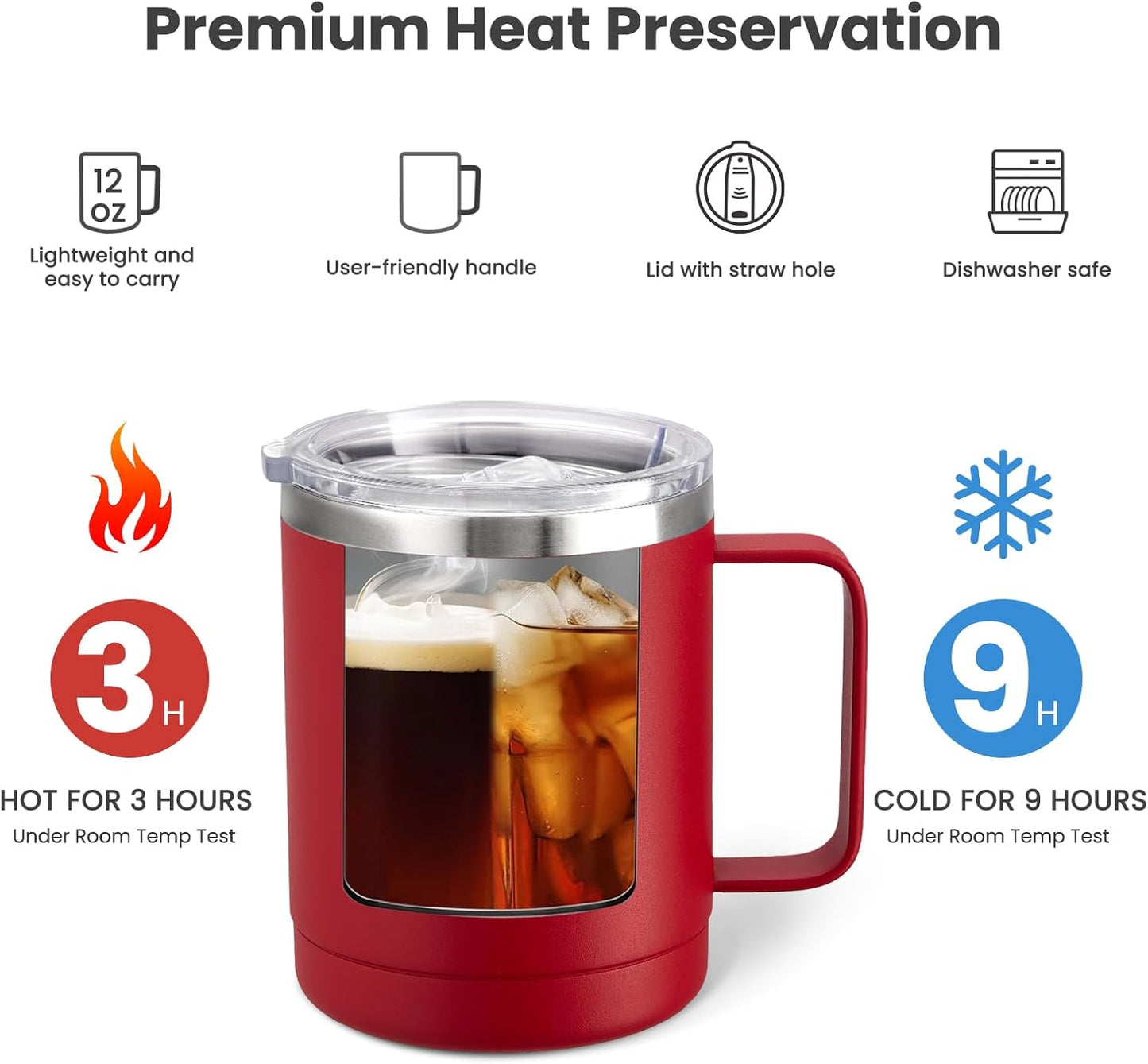 MEWAY 12oz Coffee Mug With Handle and Sliding Lid,Stainless Steel Travel Tumbler Cup with Handle,Double Wall Vacuum Insulated Camping Cup for Hot & Cold Drinks Tea (Black,Set of 1