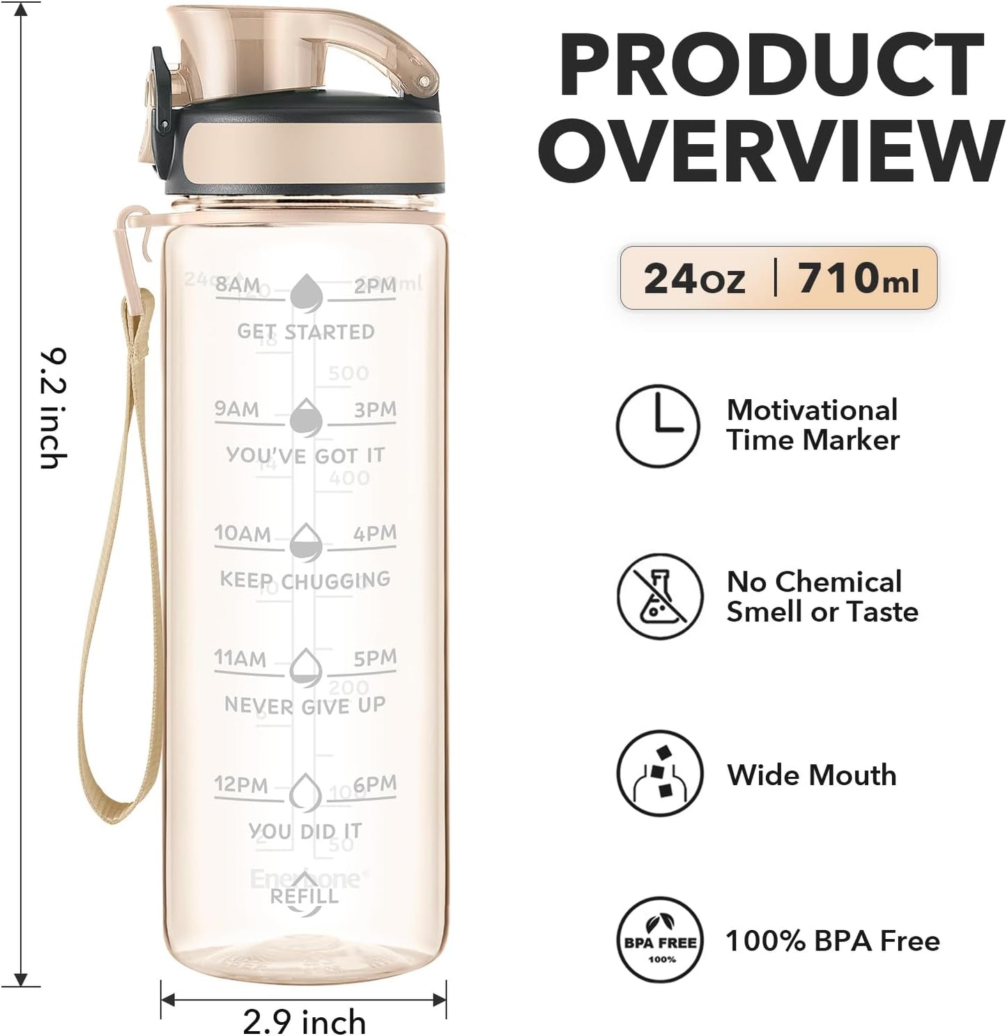 Enerbone Water Bottle, Leakproof BPA & Toxic Free, Motivational Water Bottle with Times to Drink and Straw, Fitness Sports Water Bottle with Strap for Office, Gym, Outdoor Sports