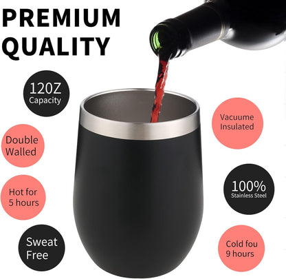 12oz/4 Pack Wine Tumbler Glasses with Lid Stemless Double Wall Vacuum Stainless Steel Travel Tumbler Keeping Cold & Hot for Wine,Coffee,Cocktails,Drinks-Family and Gifts (Multi color-dark)