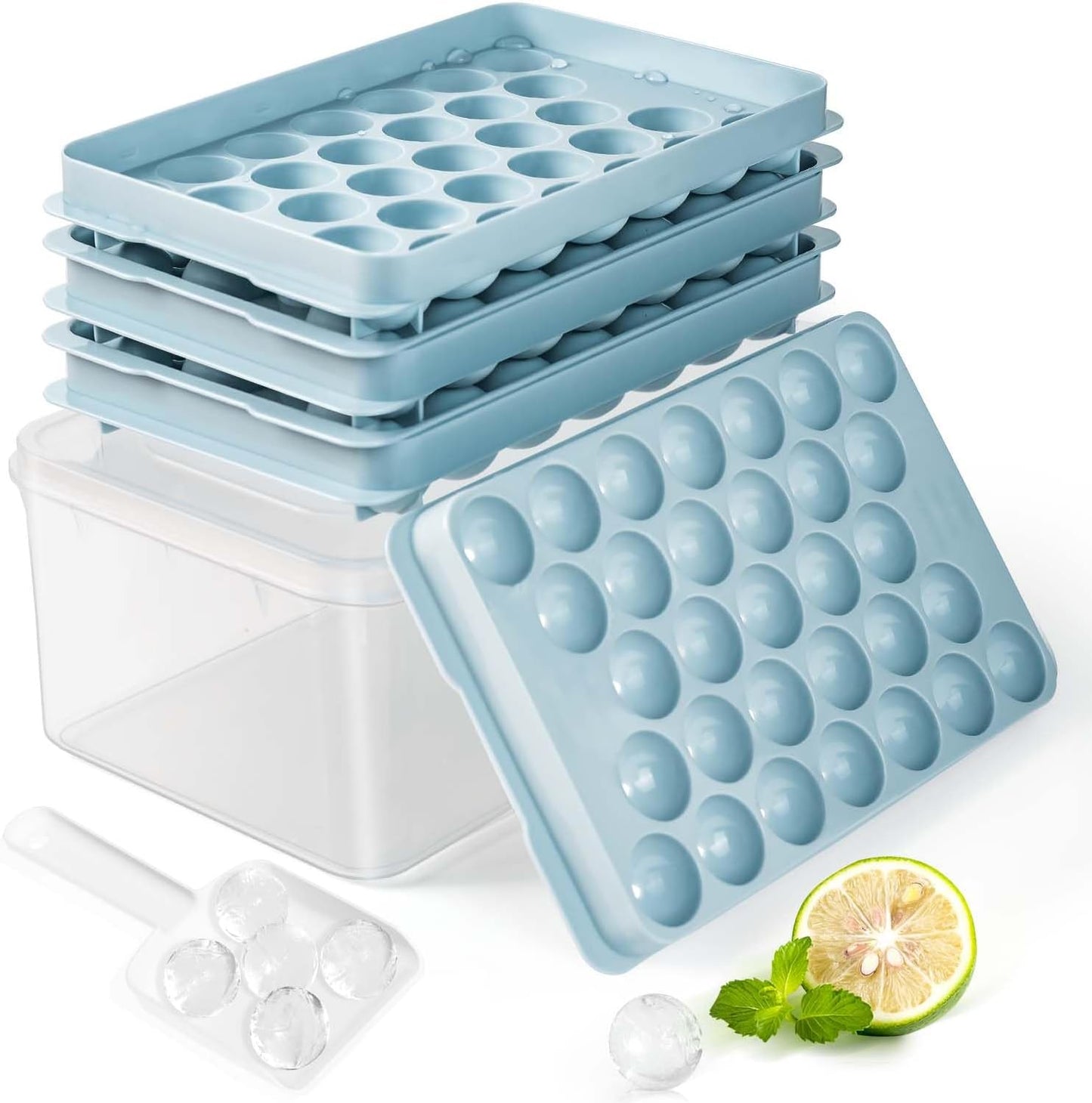 Ice Cube Tray with Lid and Bin – Round Ice Cube Trays for Freezer, BPA-Free Food-Grade Ice Mold, Stackable Ice Ball Maker, Iced Bucket Kits, Circle Ice Tray for Cocktails, Whiskey, Coffee, and Drinks
