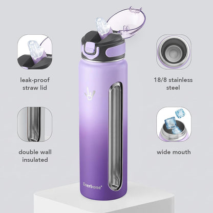 Enerbone 24 oz Insulated Water Bottle, Stainless Steel Bottle with Carrying Strap, Double-Wall Vacuum Insulation Design, Leakproof Sports Bottle with Straw, Keep Drinks Cold or Hot for Hours