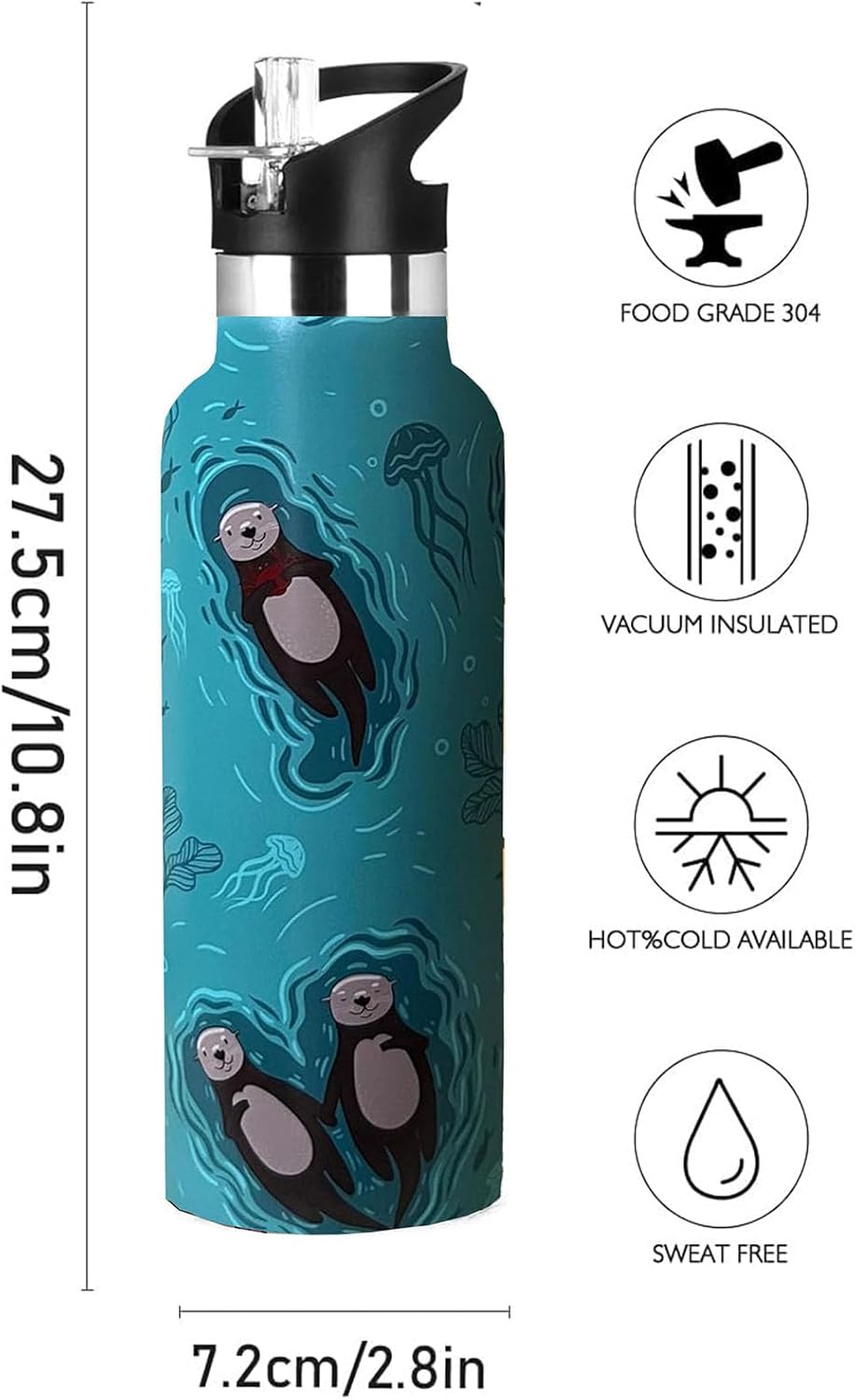 Pickleball Sport Water Bottle with Straw, Vacuum Insulated Stainless Steel Thermal Drinking Travel Mug Cups For Gym Fitness Camping-20oz/600ml