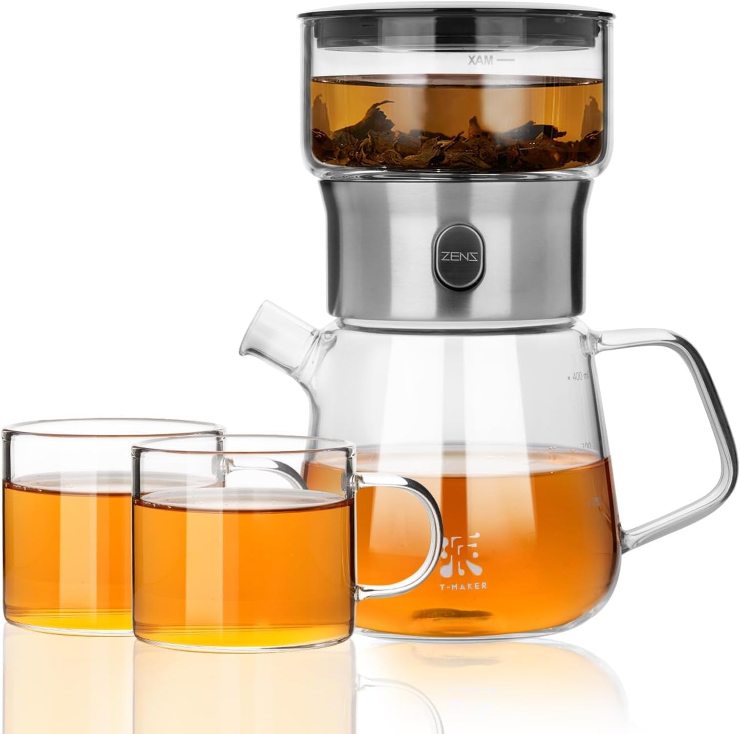 ZENS Modern Glass Infuser Teapot, One Touch Tea Maker for Loose Leaf Tea with Insulated Mug and Portable Case. Enchanted Pot Alternatives for Tea Lover Gifts
