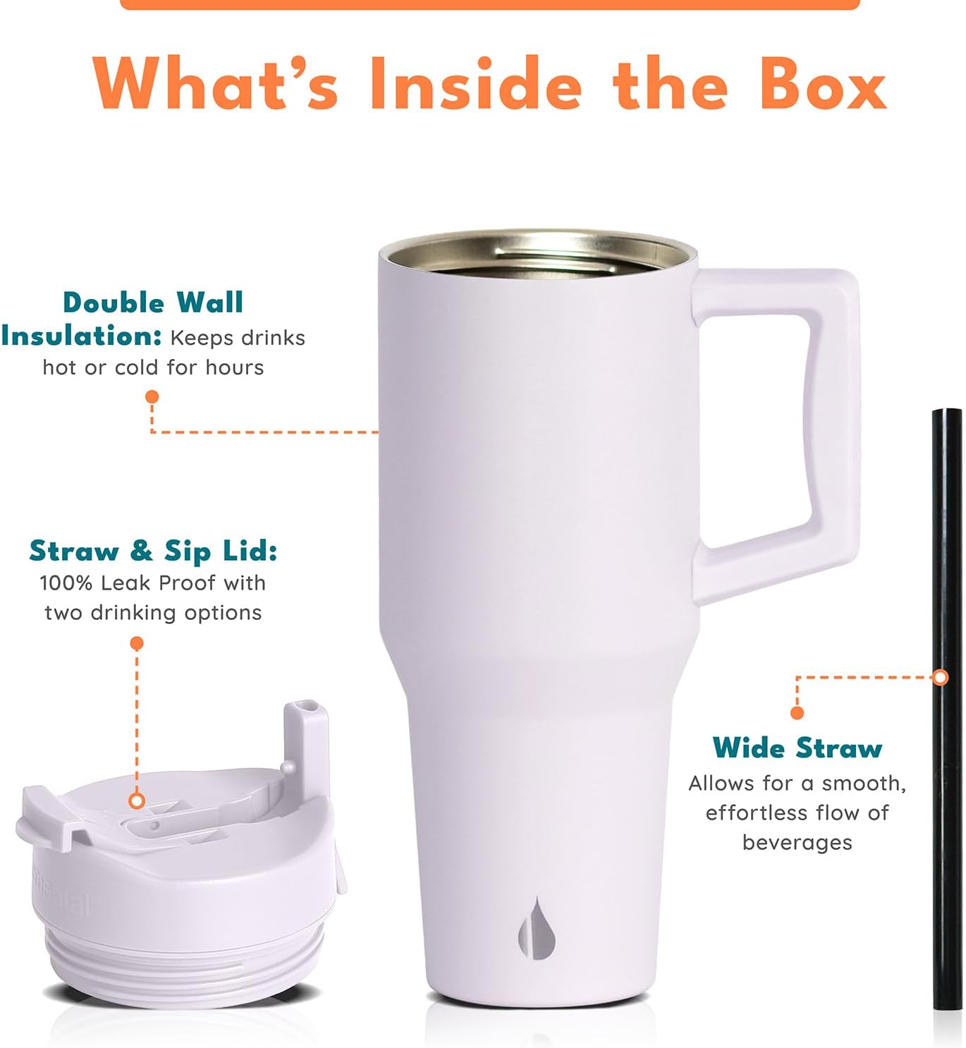 Elemental 32 oz 100% Leak Proof Tumbler with Handle & Straw - Stainless Steel Double Wall Insulated Tumbler for Hot and Cold Beverages - Travel Coffee Mug with Sip & Straw Lid - White - Colors A