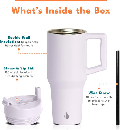 Elemental 32 oz 100% Leak Proof Tumbler with Handle & Straw - Stainless Steel Double Wall Insulated Tumbler for Hot and Cold Beverages - Travel Coffee Mug with Sip & Straw Lid - White - Colors A