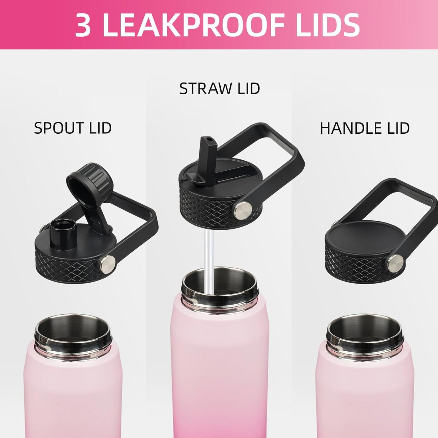 Konokyo 22oz Stainless Steel Bottles with 3 Lids Sport Insulated Water Bottle,Mint