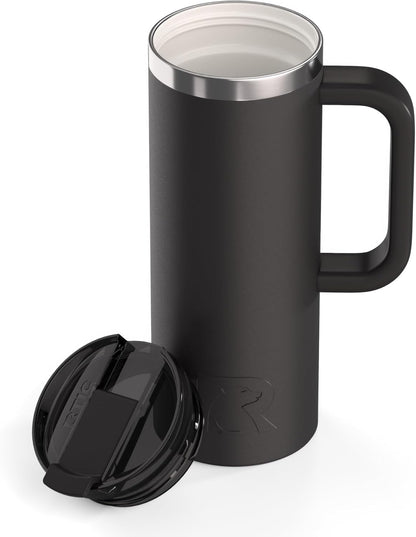 RTIC 20oz Road Trip Travel Mug with Lid and Handle, Ceramic Lined, Insulated, Stainless Steel, Metal, Double Wall Vacuum-Insulation, Portable Coffee, Tea Cup for Hot and Cold Drink, Black
