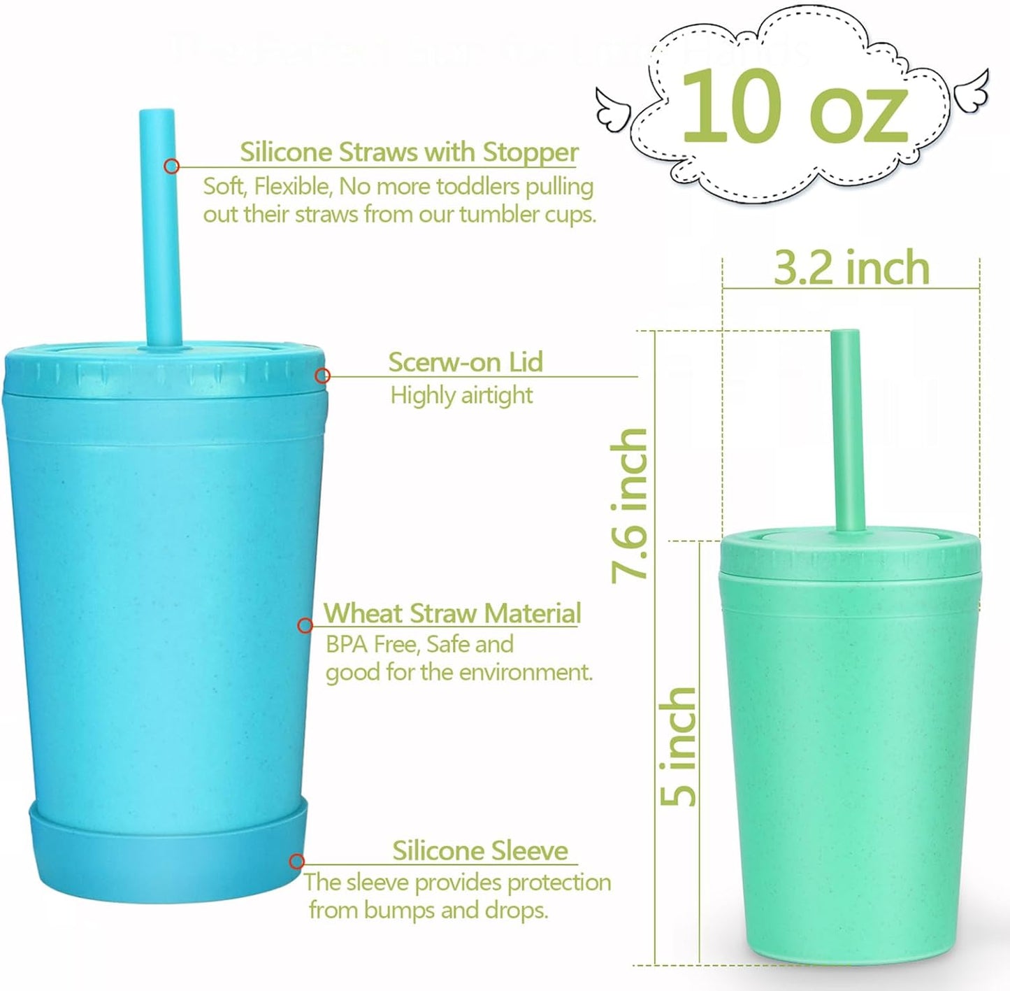 Homestockplus Reusable Wheat Straw Cups with Lids and Silicone Straws, 10 Oz Chip Resistant E-Co Friendly Small Water Cups for Milk, Drinks, Smoothies - 4 Colors