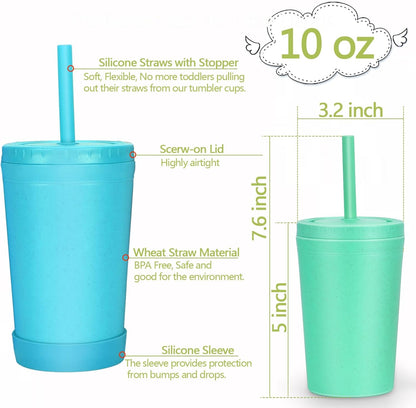 Homestockplus Reusable Wheat Straw Cups with Lids and Silicone Straws, 10 Oz Chip Resistant E-Co Friendly Small Water Cups for Milk, Drinks, Smoothies - 4 Colors