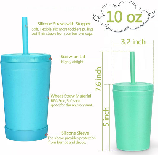 Homestockplus Reusable Wheat Straw Cups with Lids and Silicone Straws, 10 Oz Chip Resistant E-Co Friendly Small Water Cups for Milk, Drinks, Smoothies - 4 Colors