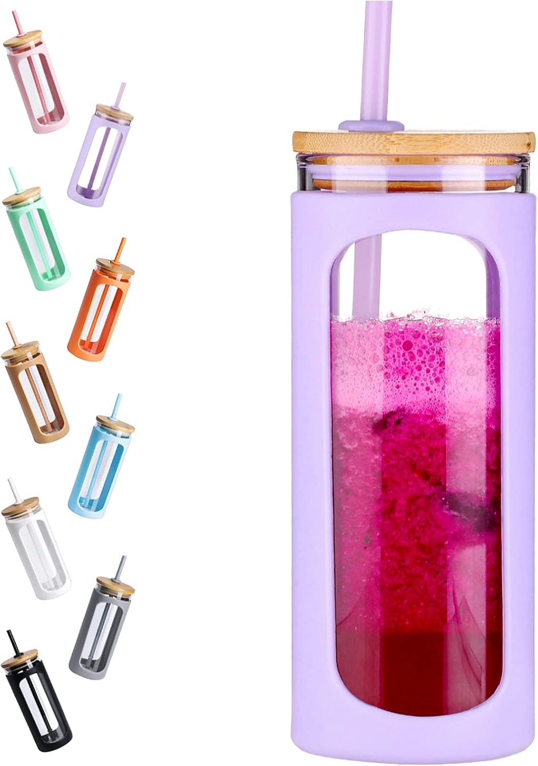 Kodrine 20oz Glass Water Tumbler with Straw and Lid, Bamboo Lids Water Bottle, Iced Coffee Cup Reusable, Wide Mouth Smoothie Cups with Protective Silicone Sleeve BPA FREE-Black - Colors B
