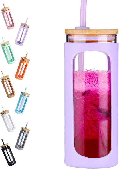 Kodrine 20oz Glass Water Tumbler with Straw and Lid, Bamboo Lids Water Bottle, Iced Coffee Cup Reusable, Wide Mouth Smoothie Cups with Protective Silicone Sleeve BPA FREE-Black - Colors B
