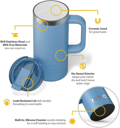 RTIC 20oz Road Trip Travel Mug with Lid and Handle, Ceramic Lined, Insulated, Stainless Steel, Metal, Double Wall Vacuum-Insulation, Portable Coffee, Tea Cup for Hot and Cold Drink, Black