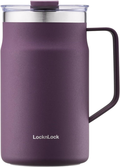 LocknLock Metro Mug Premium 18/8 Stainless Steel Double Wall Insulated with Handle Perfect for table with Lid, Black, 16 oz