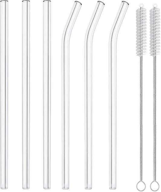 6 Pack Reusable Glass Straws,8.5'' x10MM,3 Straight and 3 Bent with 2 Cleaning Brushes,Perfect for Smoothies,Tea,Juice