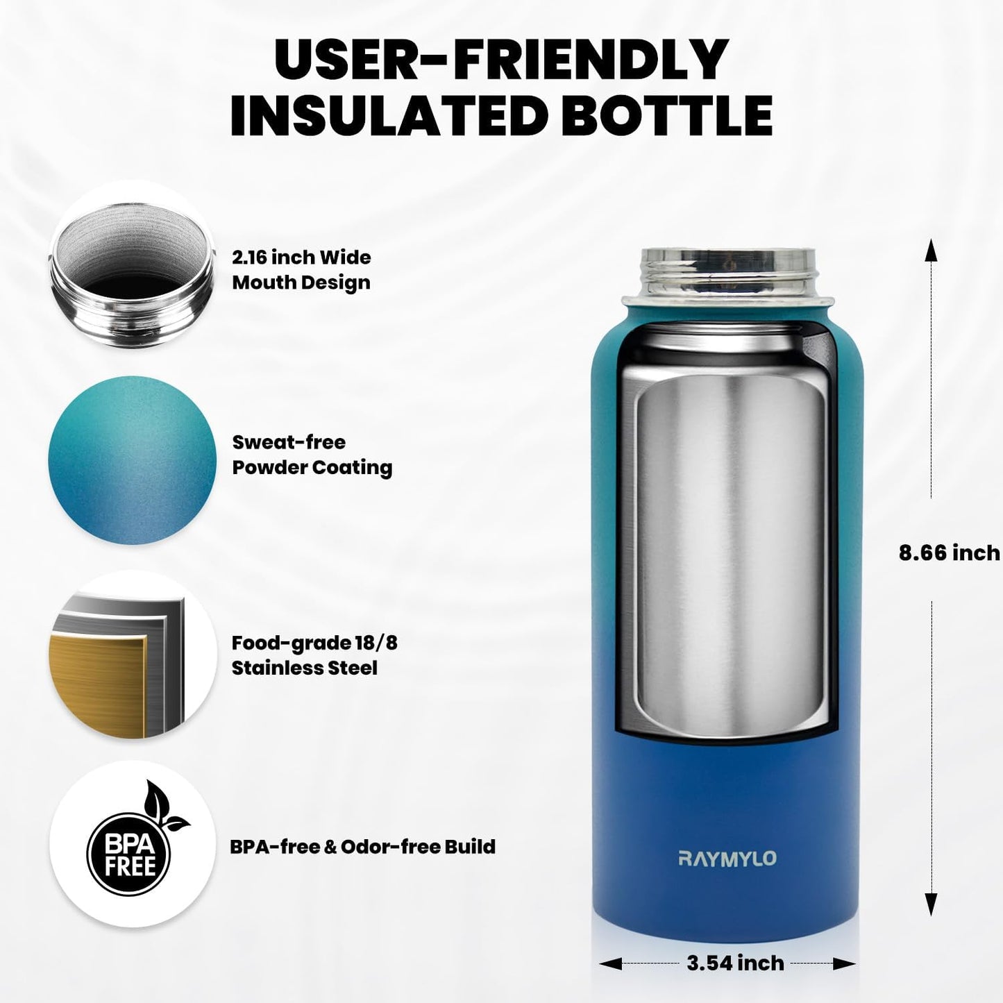 RAYMYLO One Gallon Water Bottle Insulated, Triple Walled Vacuum Stainless Steel (Cold for 48 Hrs), Leak Proof & Non-BPA, Large Water Flask Jug with Paracord Handle & Straw Spout Lids