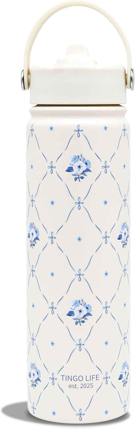 25oz Insulated Stainless Steel Aesthetic Cute Water Bottle - 2 Lids Included (Straw + Sport Handle), Leakproof BPA-Free, Dreamy Cream Cute Floral Design, Perfect Gym/Yoga/Office Companion