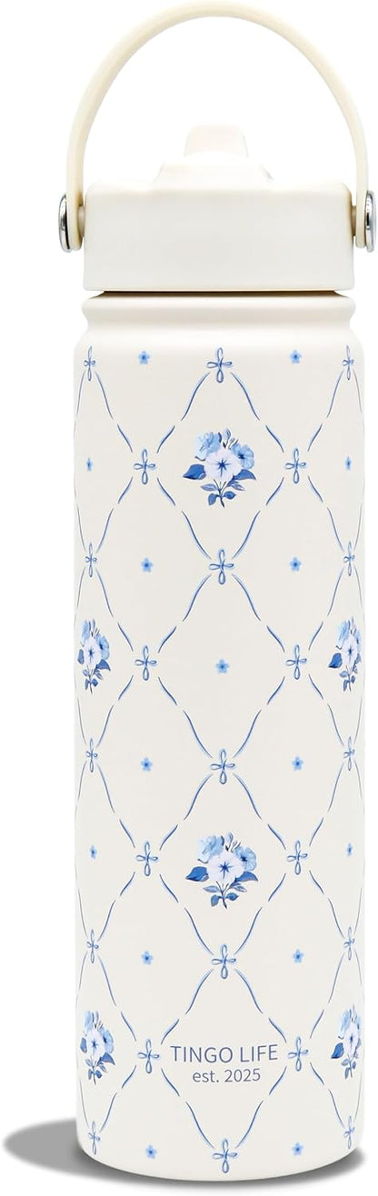 25oz Insulated Stainless Steel Aesthetic Cute Water Bottle - 2 Lids Included (Straw + Sport Handle), Leakproof BPA-Free, Dreamy Cream Cute Floral Design, Perfect Gym/Yoga/Office Companion