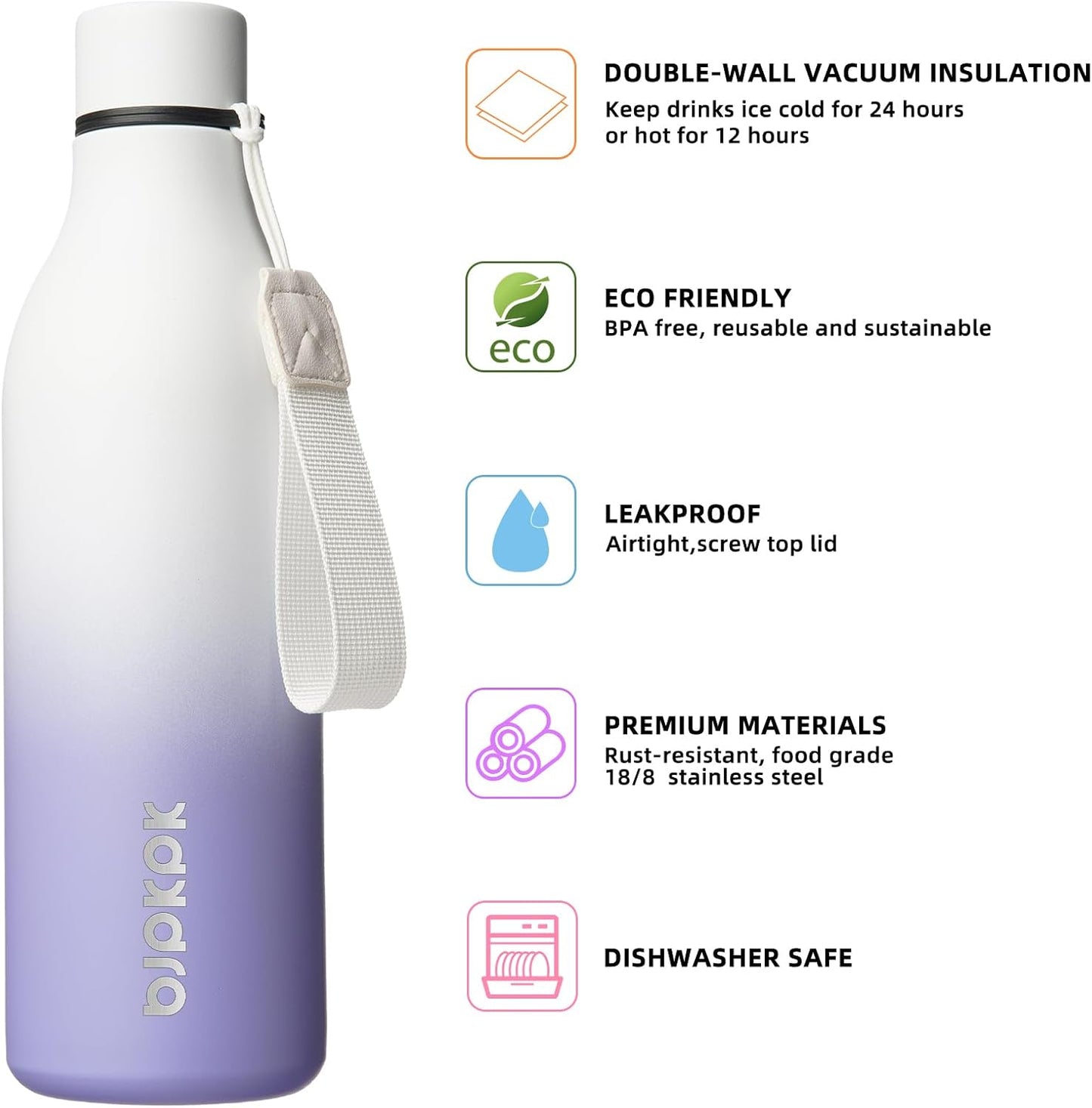BJPKPK Insulated Water Bottles, 18 oz Stainless Steel Metal Water Bottle with Strap, BPA Free Leak Proof Jugs, Mugs, Flasks, Reusable Thermal Flasks for Sports & Travel, Black - Colors B