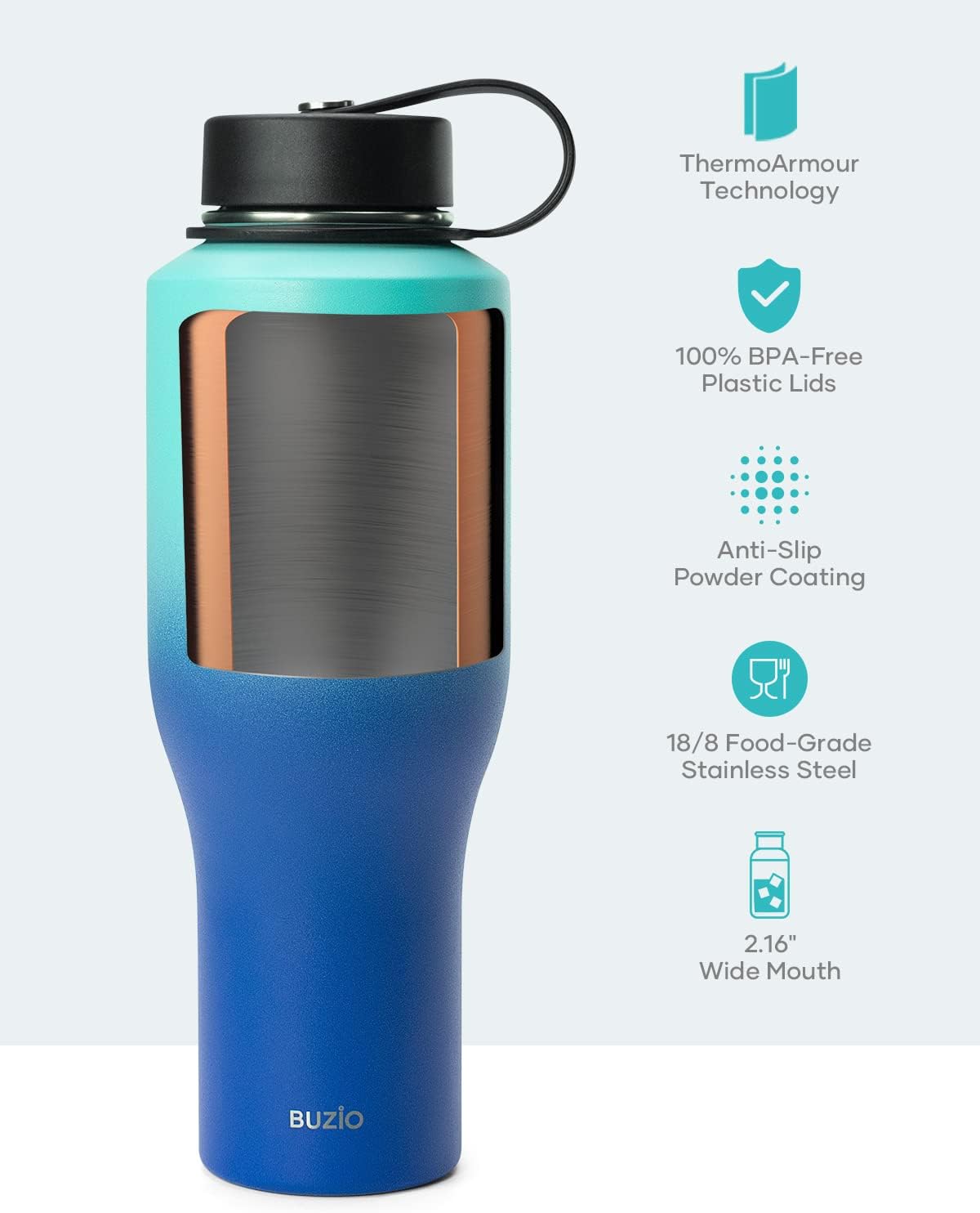 BUZIO 40oz Insulated Water Bottle Fits in Any Car Cup Holders, 40oz Vacuum Insulated Tumbler with Lids and Straw for Water, Travel Mug Cupholder Friendly, Leakproof Keep Cold & Hot, Indigo Crush