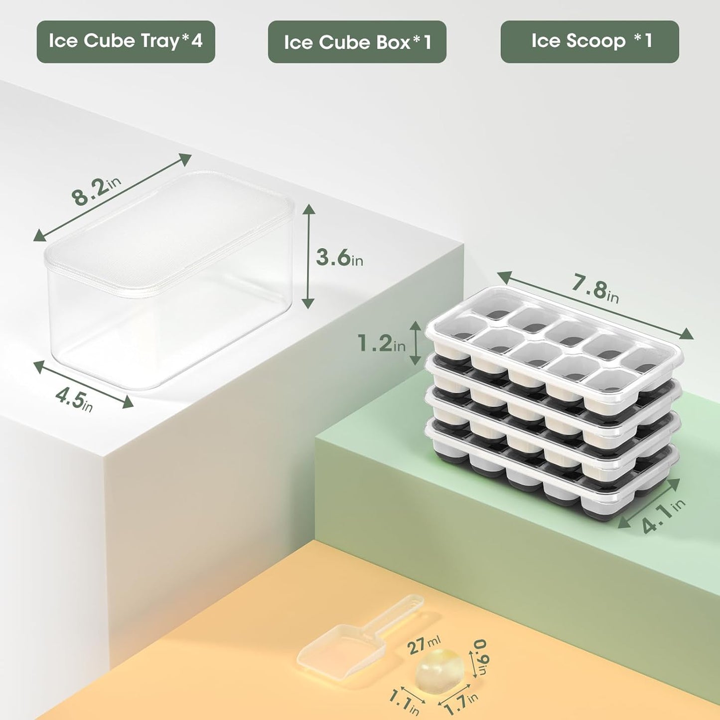 DOQAUS Ice Cube Tray with Lid and Bin - 4 Pack Silicone Ice Cube Trays for Freezer, Stackable Ice Bucket Kits with Storage Container & Scoop for Kitchen, RV, Cocktail, Coffee