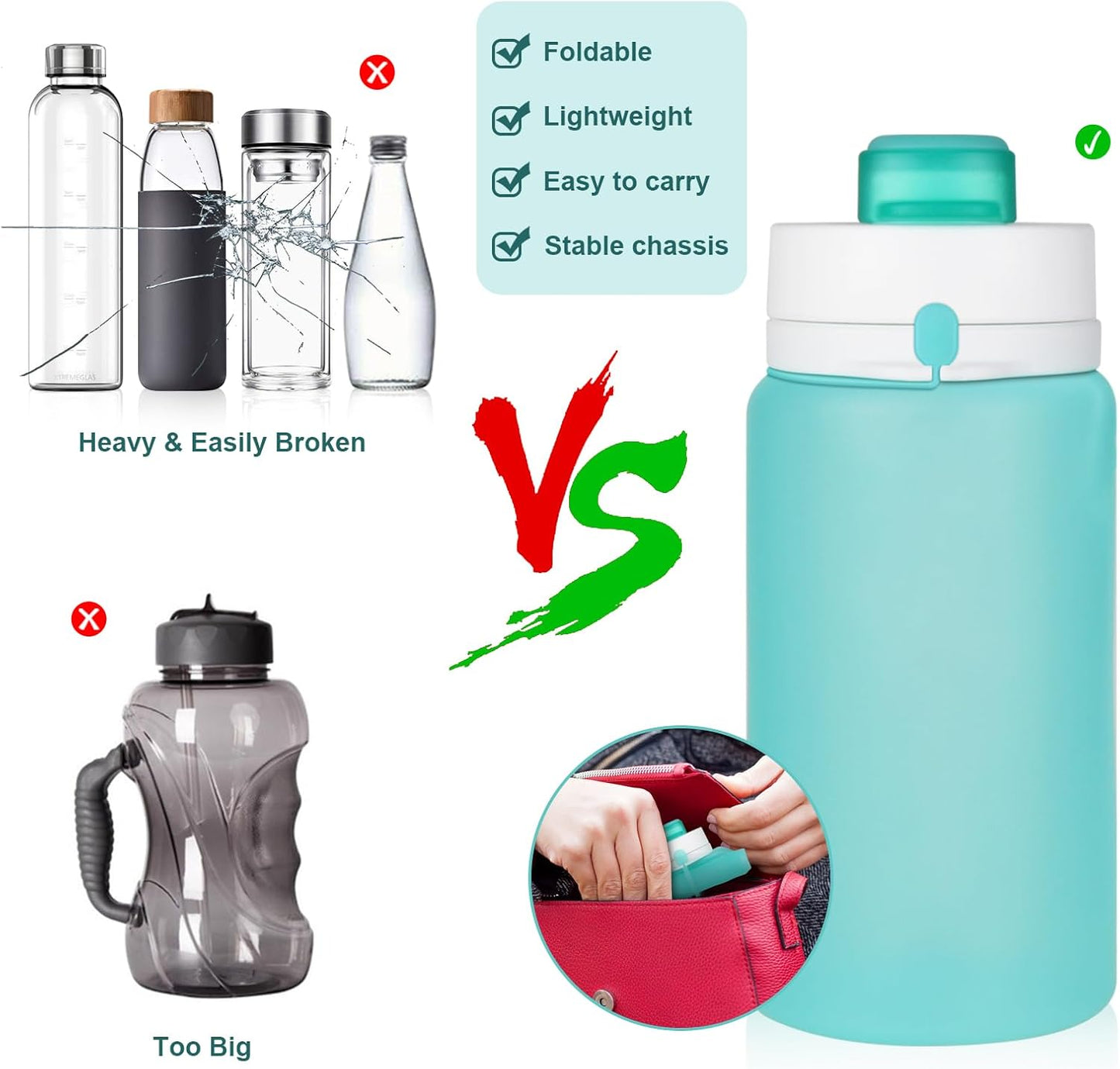 PLTCAT Collapsible Water Bottle, 19oz Foldable Bottle BPA Free Reusable Lightweight Leak-Proof Travel Silicone Water Bottle for Travel, Gym, Hiking, Office, Camping