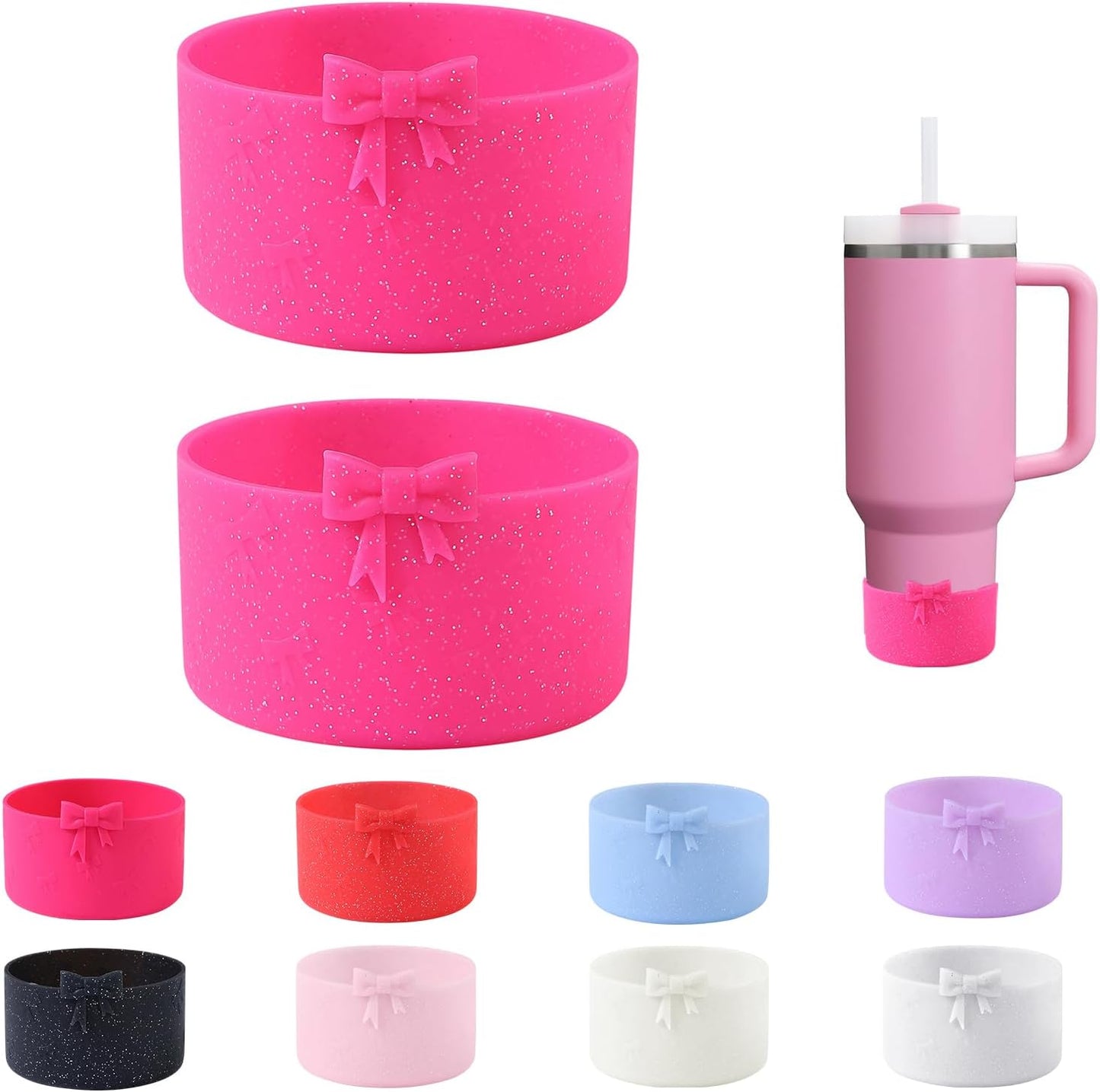2PCS Bow Silicone Boot for Stanley Quencher Tumbler 30oz 40oz & IceFlow 20oz 30oz& Hydro Flask Water Bottle 12-24 oz Protective Bottom Sleeve Cover for Stanley Cup Accessories& Owala 24oz