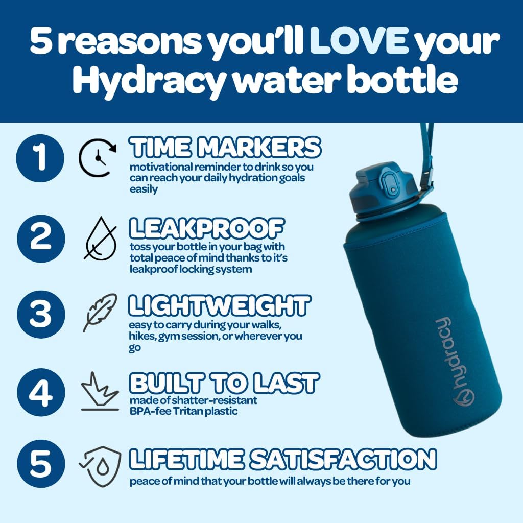 Hydracy Water Bottle with Time Marker -Large BPA Free Water Bottle & No Sweat Sleeve -Leak Proof Gym Bottle with Times to Drink - Ideal for Fitness Sports & Outdoors