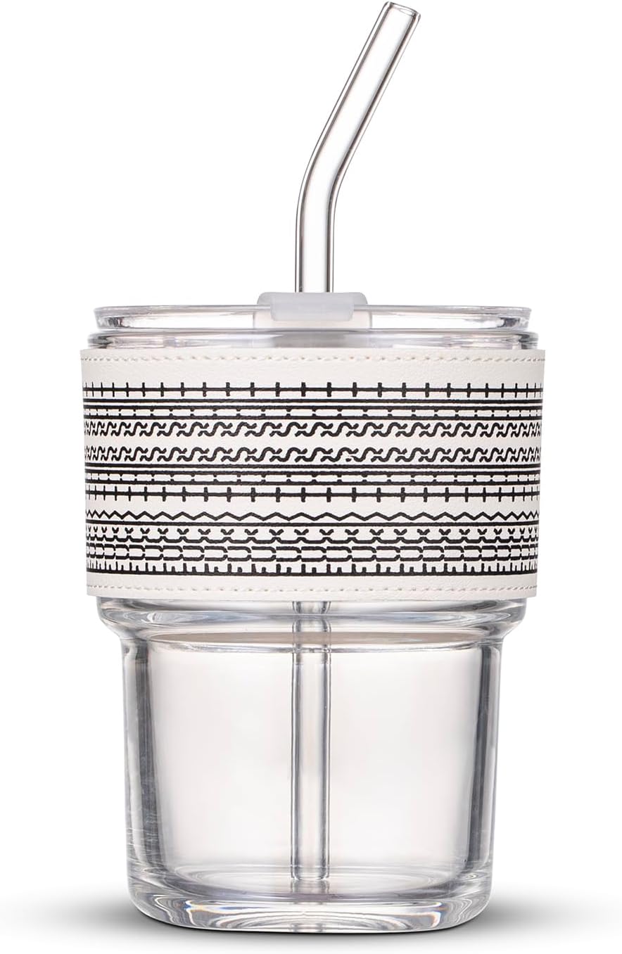BLUEPOLAR 13oz/400ml Glass Water Tumbler with Straw and Lid Sealed Carry On Thick Wall Iced Coffee Cup Glass Cup for Water, Iced Tea Fruit Juice Etc (White-2Pack)