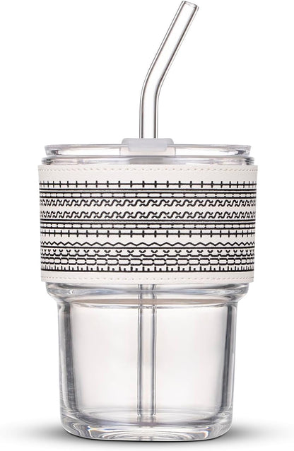 BLUEPOLAR 13oz/400ml Glass Water Tumbler with Straw and Lid Sealed Carry On Thick Wall Iced Coffee Cup Glass Cup for Water, Iced Tea Fruit Juice Etc (White-2Pack)