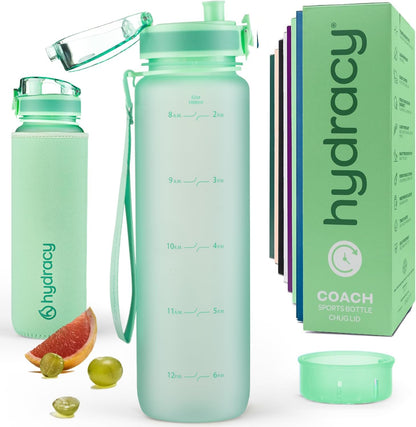 Hydracy Water Bottle with Time Marker -Large BPA Free Water Bottle & No Sweat Sleeve -Leak Proof Gym Bottle with Times to Drink - Ideal for Fitness Sports & Outdoors