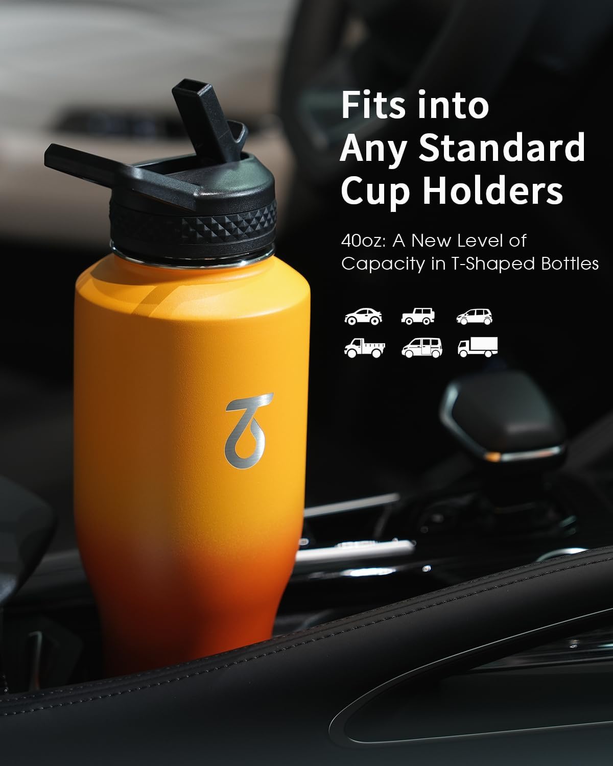 Trebo 40 oz Water Bottle Insulated Fit Car Cup Holder with Handle, Stainless Steel Water Bottles Tumbler with Spout Straw Lids, Double Wall Travel Reusable Flask, Leakproof Mug,Keep Cold &Hot,Black