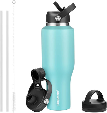 HYDROWION 32oz Stainless Steel Water Bottle(Cold for 48 Hrs, Hot for 24 Hrs),Double Wall Vacuum Insulated Water Bottle with Straw Lid, Spout Lid and Flex Cap, Fit in Any Car Cup Holder,Black