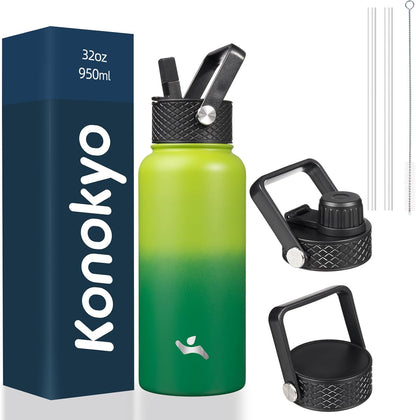 Konokyo 22oz Stainless Steel Bottles with 3 Lids Sport Insulated Water Bottle,Mint