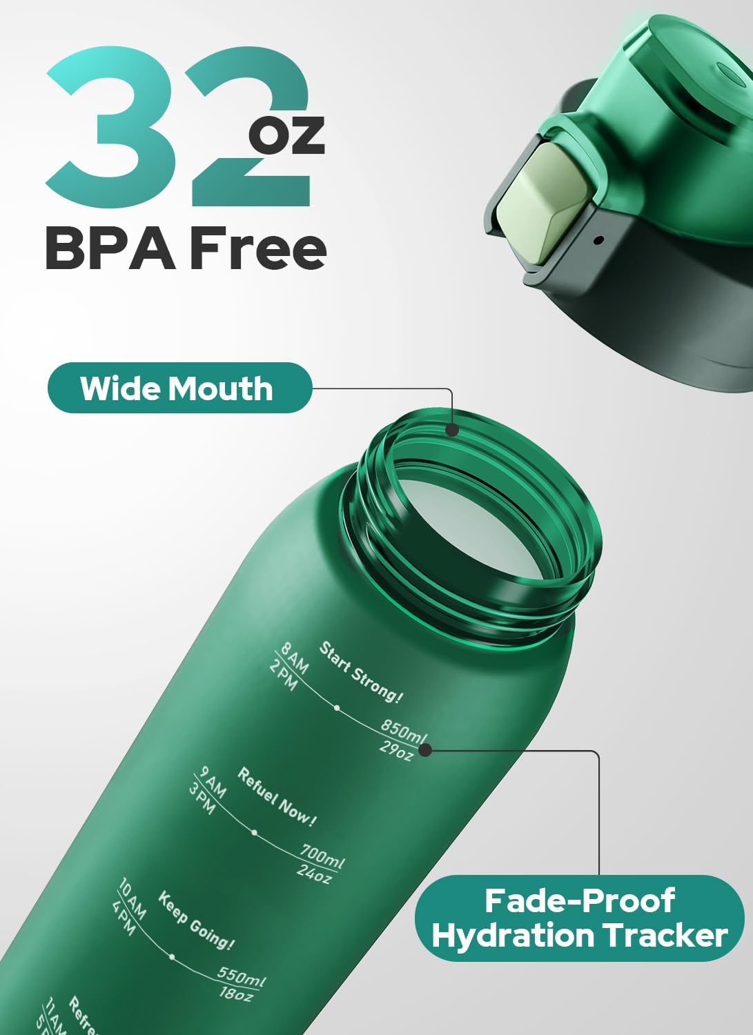Opard Zip 32oz Plastic Water Bottle Dishwasher Safe, Leakproof Flip-Top Lid, BPA Free Tritan, Wide Mouth Reusable Sports Water Bottle for Gym Hiking Commuting Outdoor Travel and School