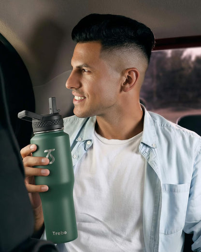 Trebo 40 oz Water Bottle Insulated Fit Car Cup Holder with Handle, Stainless Steel Water Bottles Tumbler with Spout Straw Lids, Double Wall Travel Reusable Flask, Leakproof Mug,Keep Cold &Hot,Black
