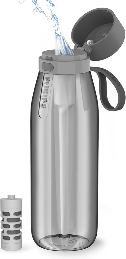 PHILIPS Filtered Water Bottle, BPA-Free Tritan Plastic Water Bottles, Replaces 450 Plastic Water Bottle with Reusable GoZero Everyday Water Filter, Portable Filtering Bottle for Travel, 22 oz, Green
