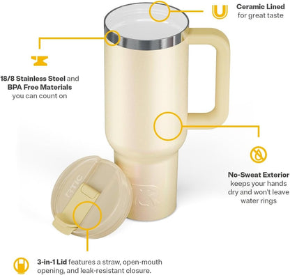 RTIC 30 oz Road Trip Tumbler Double-Walled Ceramic Lined InsulatedStainless Steel Portable Travel Coffee Mug Cup with Lid, Handle and Straw, Periwinkle Bouquet