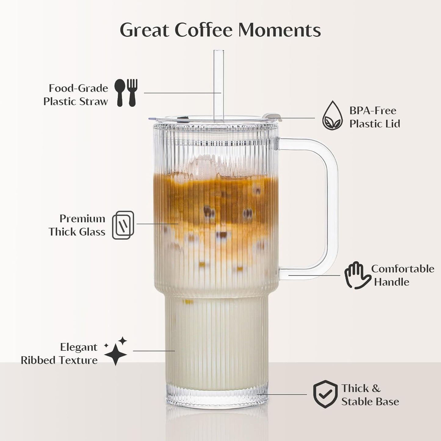 INSETLAN 24oz Ribbed Glass Tumbler with Handle & Lid – 2-Pack Large Iced Coffee Cups with Straws, Modern Glass Mug for Cold & Hot Beverages, Aesthetic Travel Cup for Smoothies, Tea, and Juice