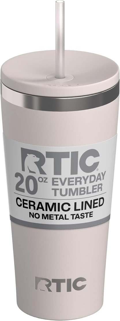 RTIC 20oz Everyday Tumbler Insulated Stainless Steel Portable Travel Coffee Cup with Straw, Ceramic Lining, Spill-Resistant Lid, BPA-Free, Hot and Cold Drink, Beach
