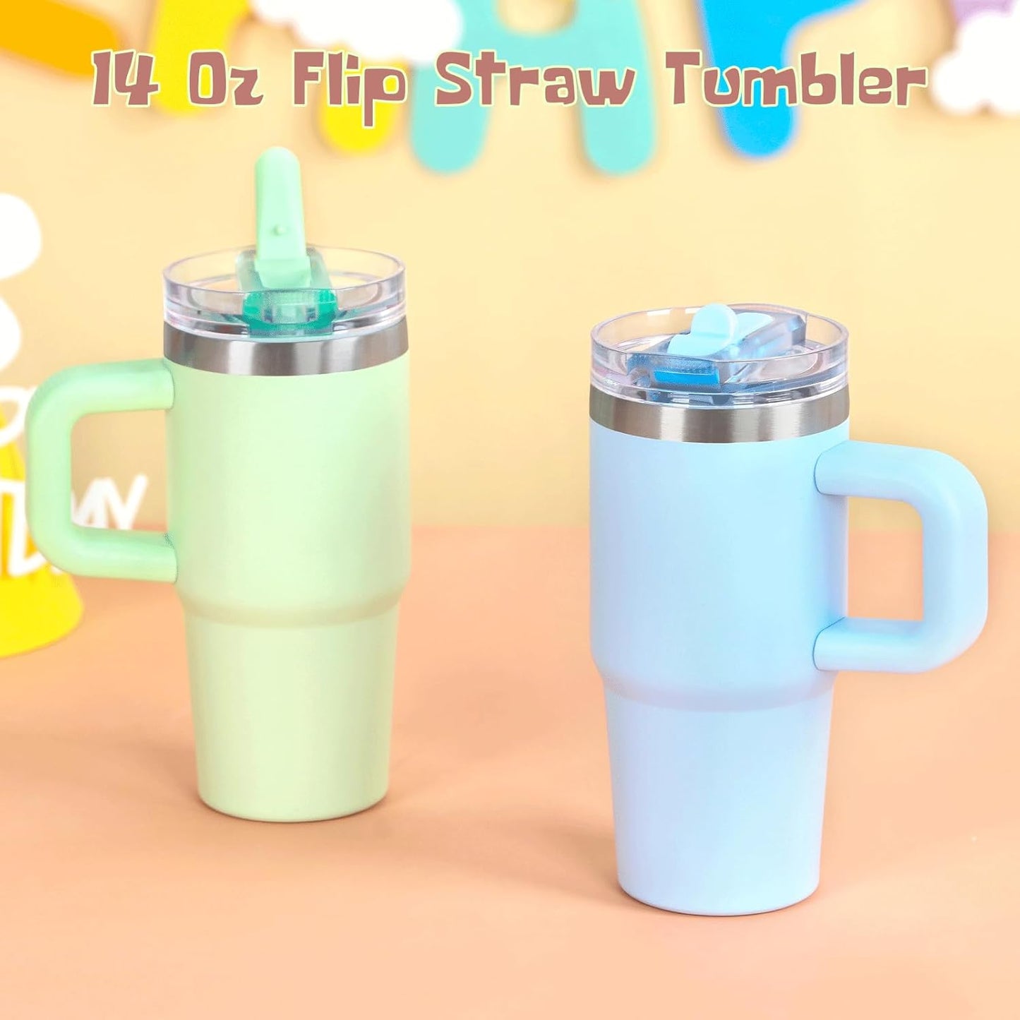 Cosictic 14 Oz Flip Straw Tumbler with Handle for Kids, Stainless Steel Double Wall Insulated Cup for Children with Flip Top Lid, 14 Oz Leak-proof Cups for Kids, Sky Blue and Purple