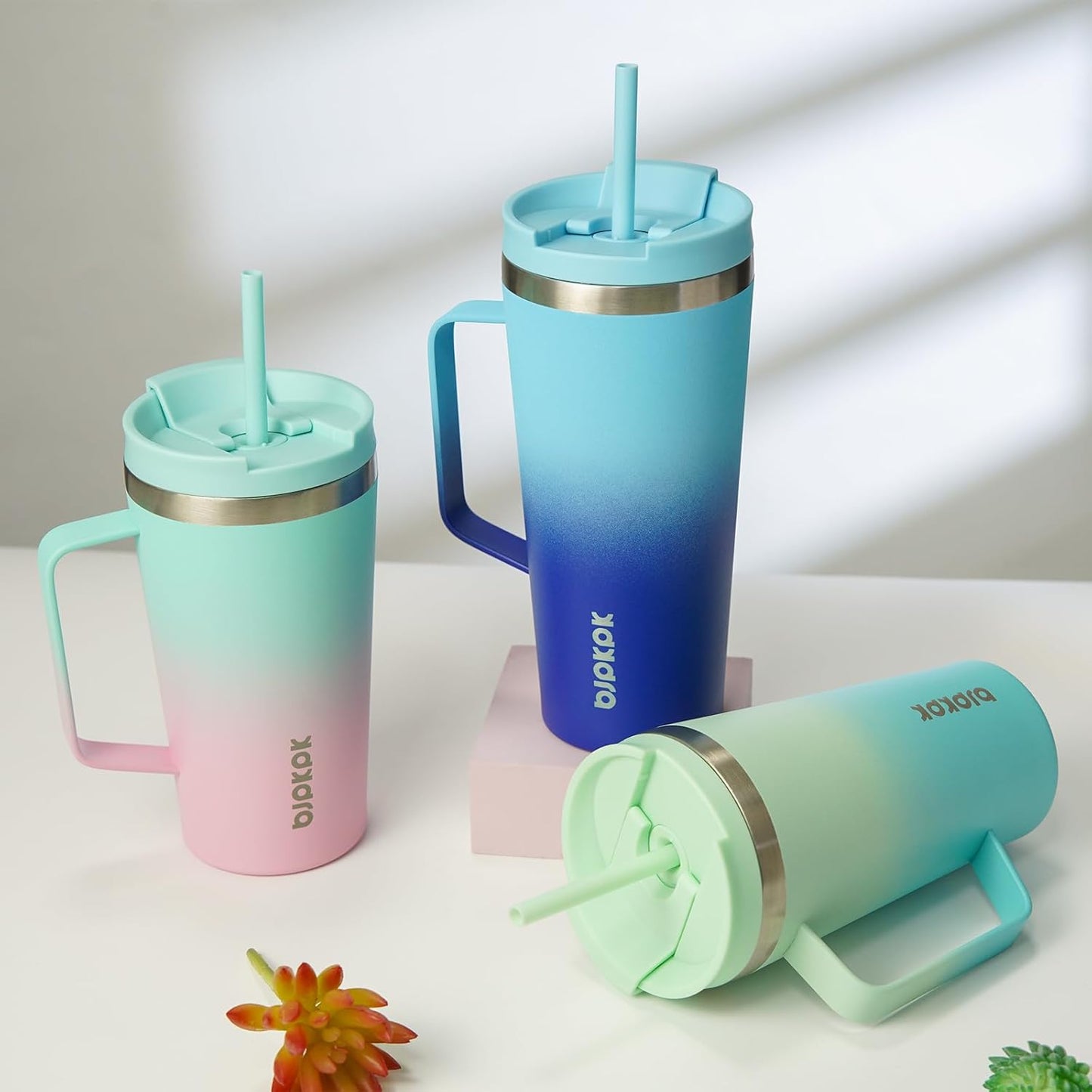 BJPKPK Insulated Tumbler with Handle, 18oz Insulated Tumblers with Lid and Straw, Stainless Steel Metal Water Bottles, Coffee Travel Mugs, Cups, Marshmallow