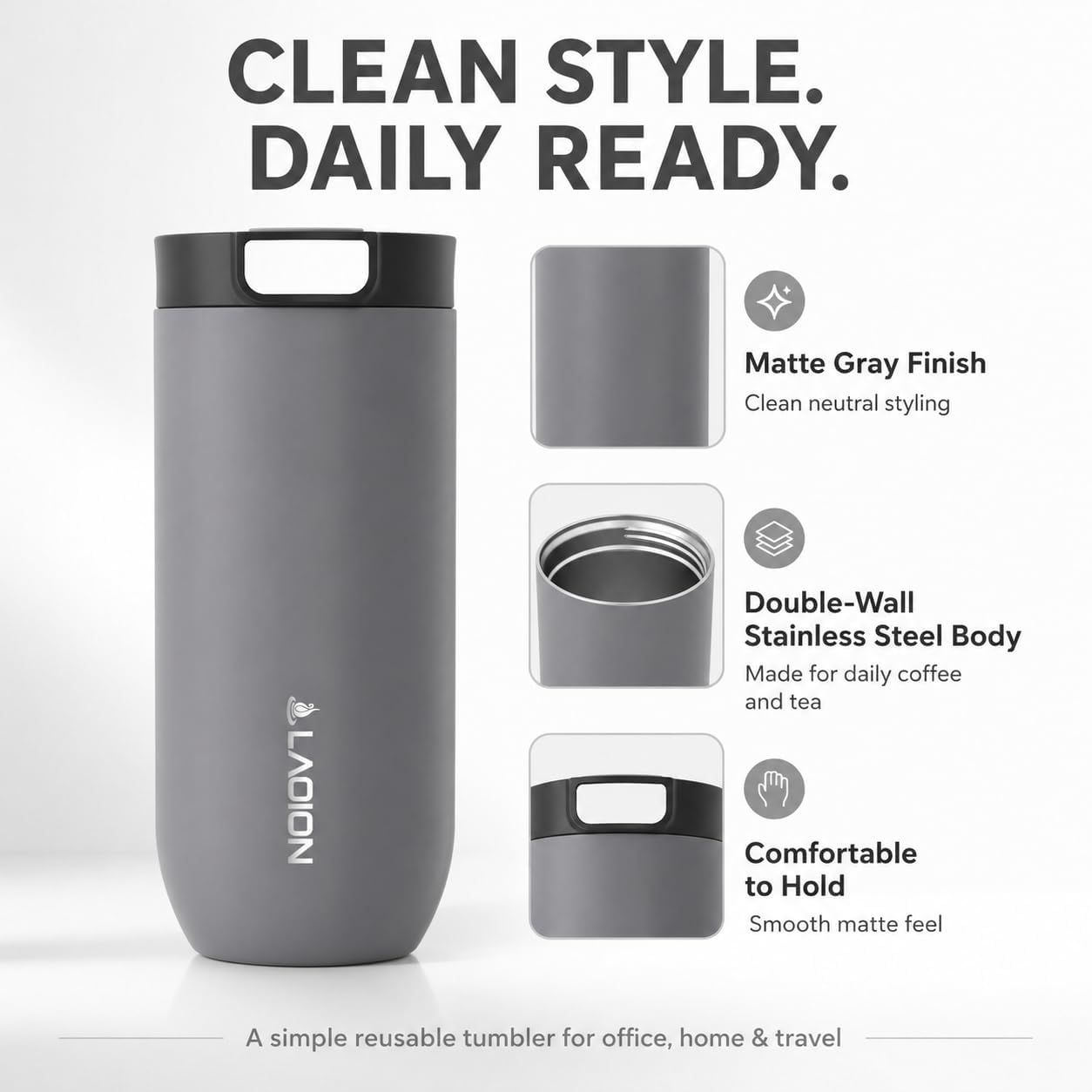 LAOION 17 oz Insulated Coffee Tumbler, Stainless Steel Travel Coffee Mug with Slider Lid, Reusable Iced Coffee Cup for Office, Car, Commute, Gray