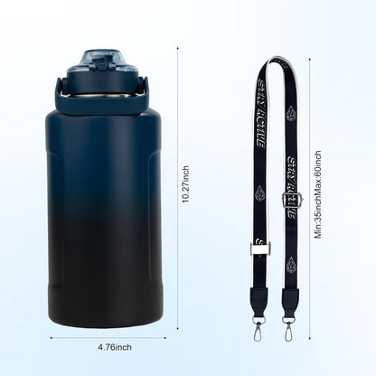 64oz Half Gallon Fruit Infuser Insulated Stainless Steel Water Bottle Jug, 48H Cold & 24H Hot, Large Capacity for Travel Hiking Mountain Climbing Black