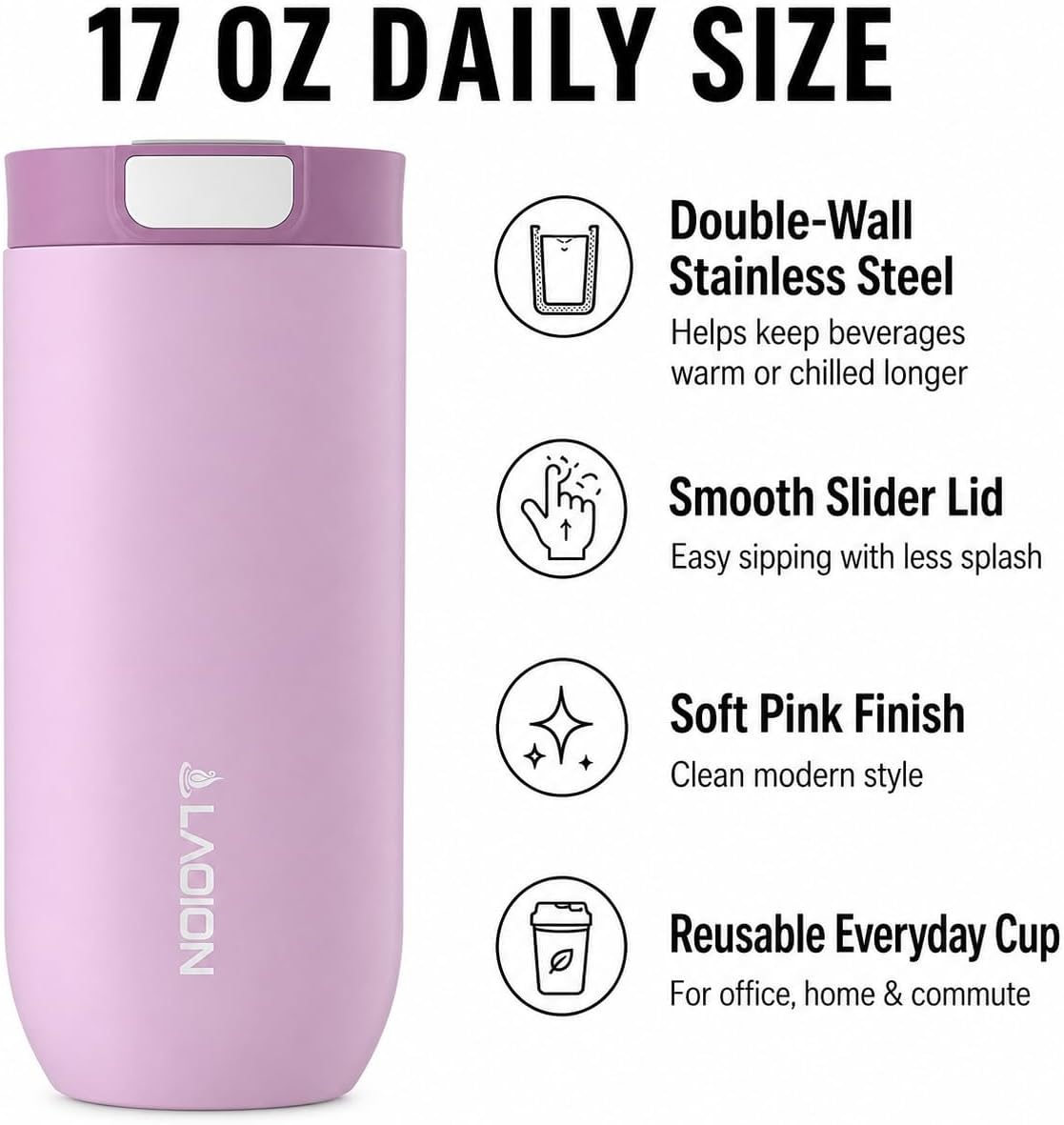 LAOION 17 oz Insulated Coffee Tumbler, Stainless Steel Travel Coffee Mug with Slider Lid, Reusable Iced Coffee Cup for Office, Car, Commute, Gray