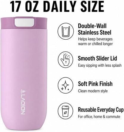 LAOION 17 oz Insulated Coffee Tumbler, Stainless Steel Travel Coffee Mug with Slider Lid, Reusable Iced Coffee Cup for Office, Car, Commute, Gray