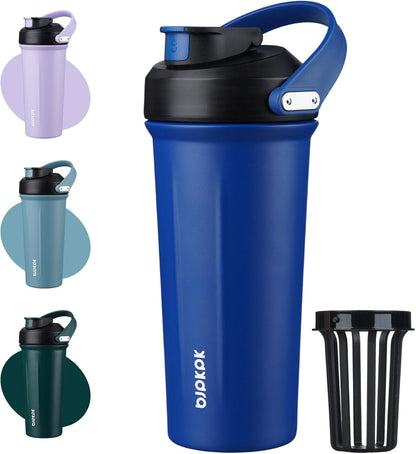 BJPKPK 25 oz Insulated Protein Shaker Bottle with Handle, Stainless Steel Tumbler for Protein Mixes,BPA Free Metal Shaker Cup for Gym Workout,White and Grey