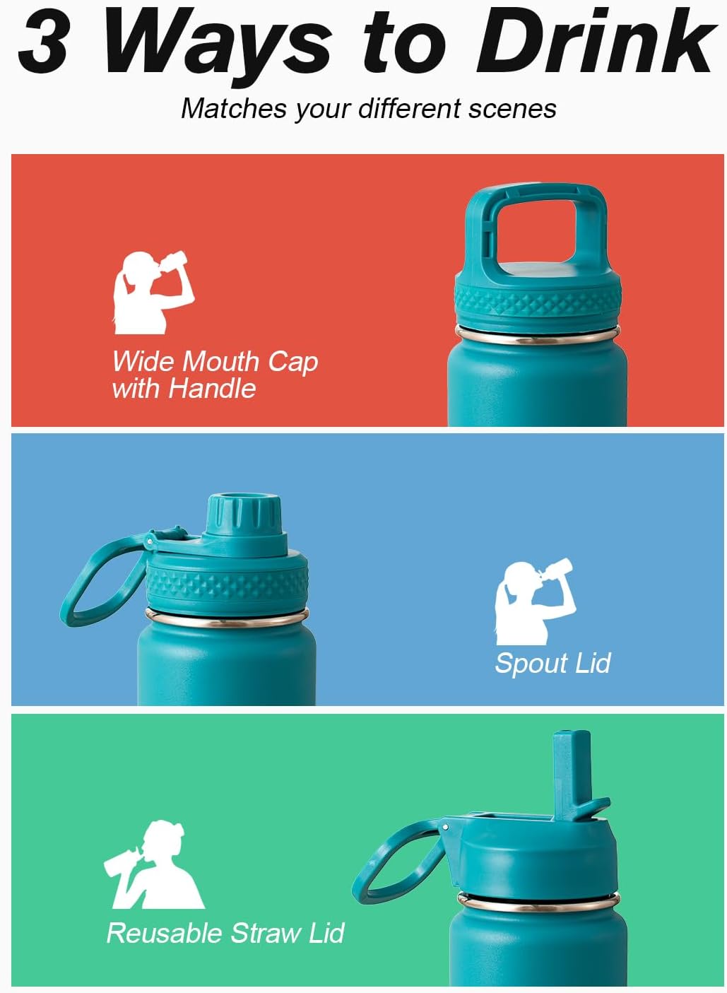 Half Gallon Water Bottle Insulated with Straw & 3 Lids, Coolflask 64 oz Water Jug Large Metal Stainless Steel Wide Mouth for Sports, Gym or Office, Non-BPA Keep Cold 48H Hot 24H, Samurai Cyan