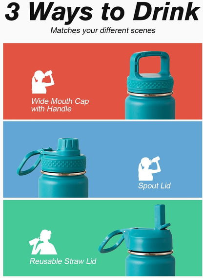 Half Gallon Water Bottle Insulated with Straw & 3 Lids, Coolflask 64 oz Water Jug Large Metal Stainless Steel Wide Mouth for Sports, Gym or Office, Non-BPA Keep Cold 48H Hot 24H, Samurai Cyan