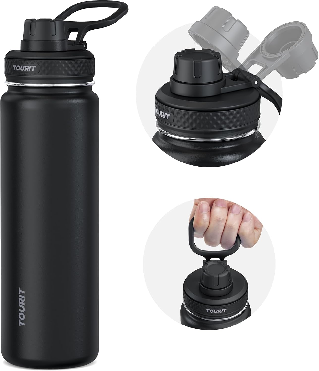 TOURIT 24 oz Insulated Water Bottle, Stainless Steel Water Bottles With Handle, Double-Wall Vacuum Sports Water Bottle, BPA Free Leakproof Water Bottle, Black